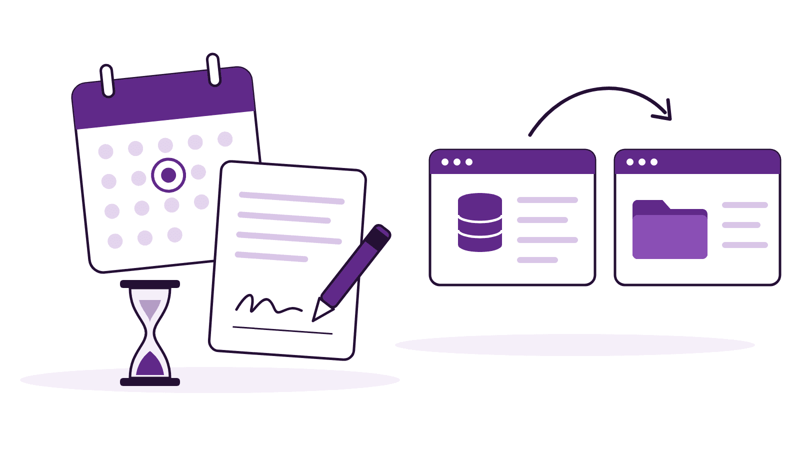 Illustration d’un calendrier avec une date entourée à côté d’un contrat signé et d’un sablier, avec des données qui passent d’un logiciel à un autre, représentant la décision de renouvellement d’un contrat d’ATS