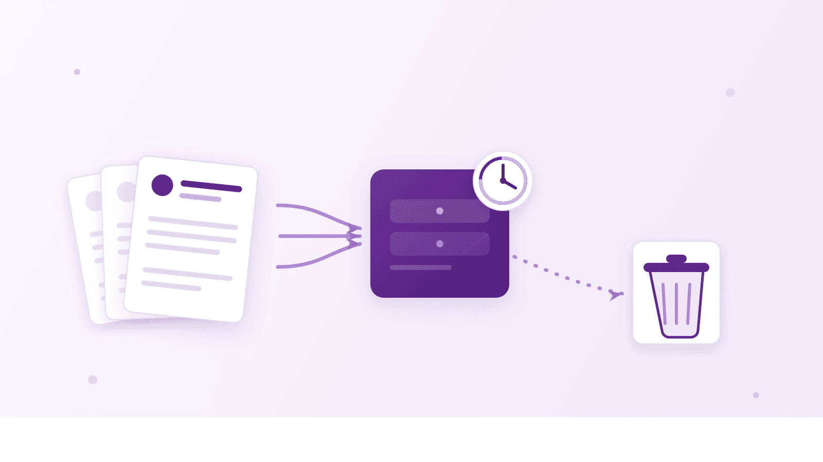 Candidate CV cards flowing into a single storage box marked with a retention clock, with data past the limit routed to deletion, illustrating GDPR candidate data retention for a small hiring team
