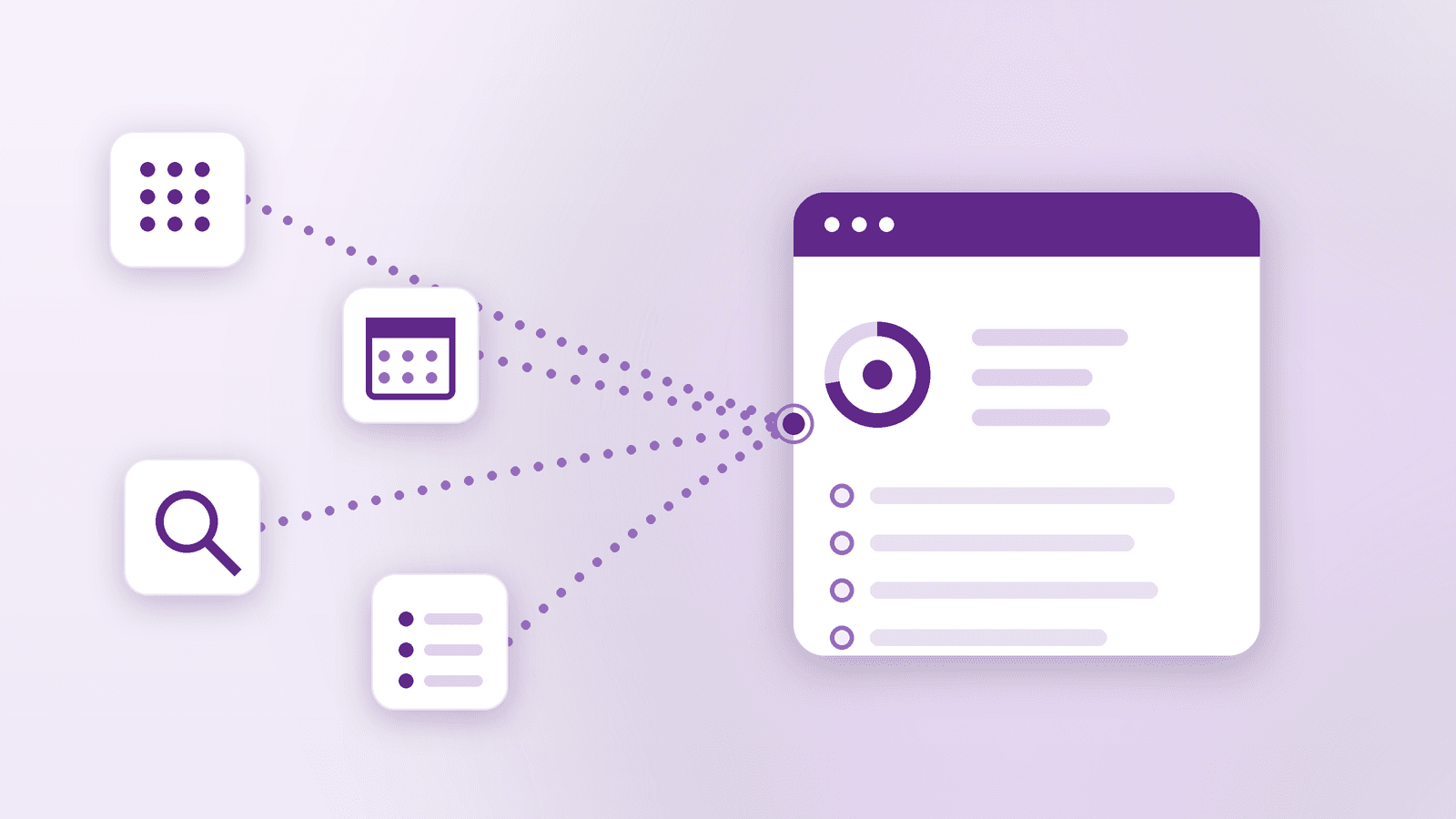 Quatre tuiles d'outils de recrutement séparées, une base de données, un agenda, une recherche et une liste, reliées par des pointillés qui convergent vers un tableau de bord de recrutement unifié, illustrant des outils de recrutement déconnectés
