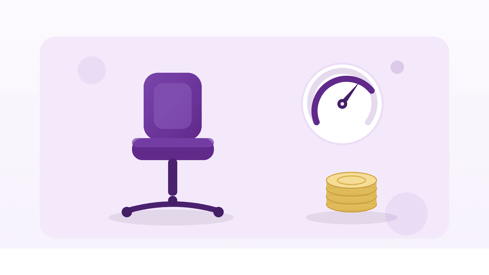 Une jauge de budget violette simple à côté d'une chaise de bureau vide, illustrant un fondateur qui fixe le salaire d'un premier recrutement dans une petite équipe