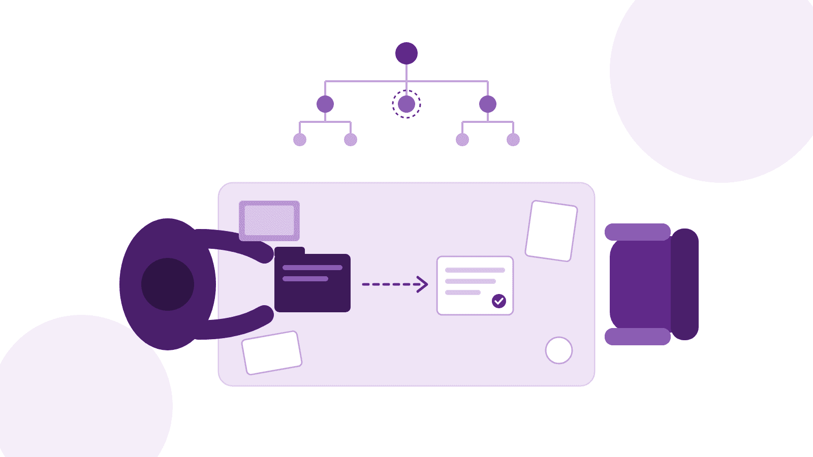Illustration of folders handed from a founder's desk to a second chair beside a growing organisation chart, showing the moment to hire a first HR person