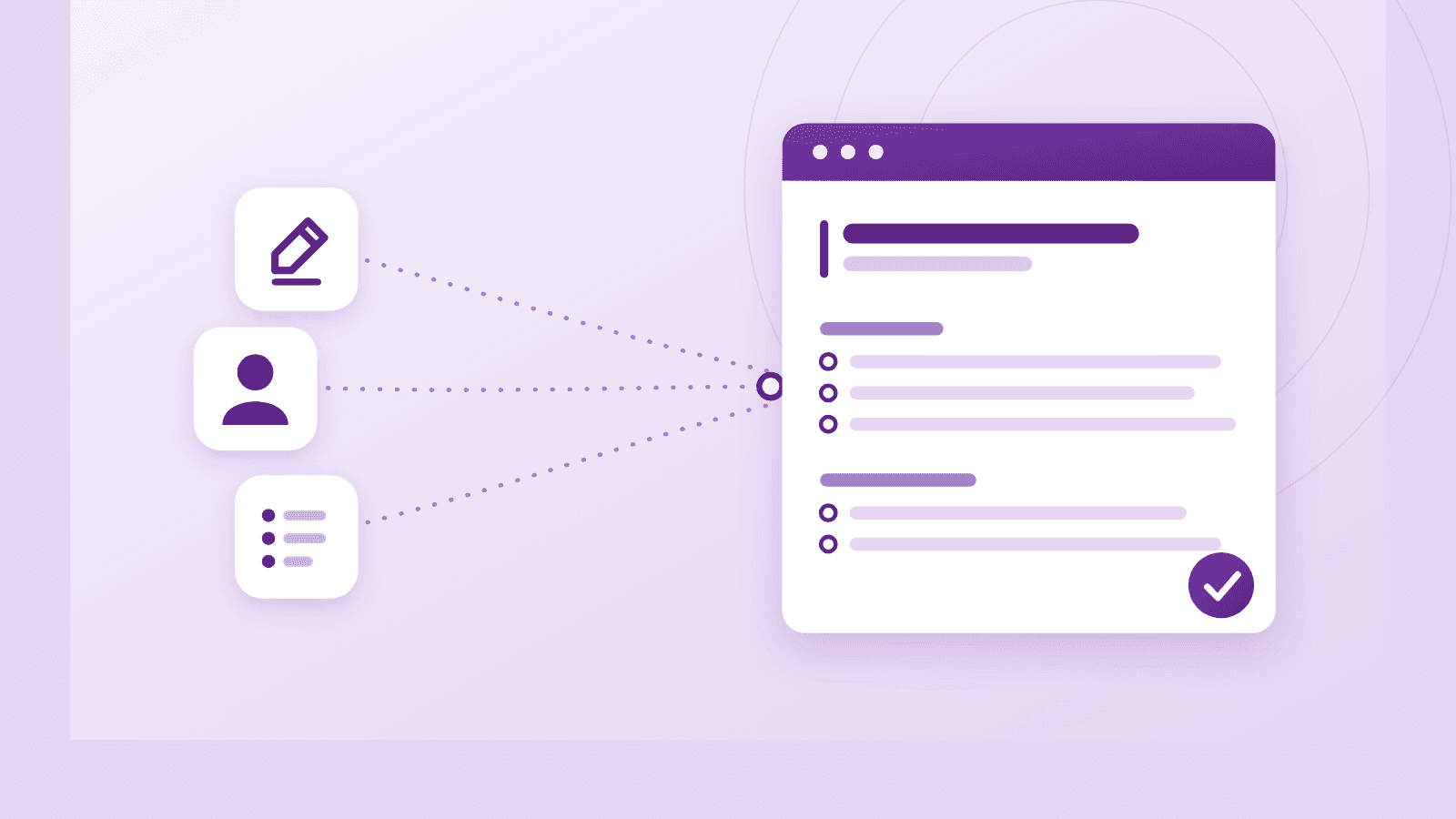Loose recruiting pieces, an edit icon, a person and a checklist, converging along dotted lines into one structured job description document, illustrating how to write your first job description