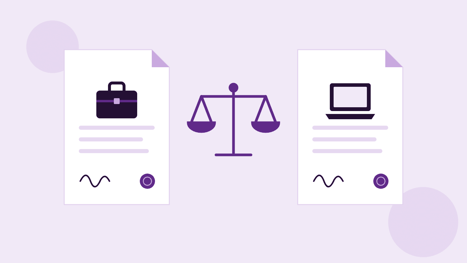 Two contracts side by side, one for an employee and one for a freelancer, with a balance between them, illustrating the choice between a freelancer and an employee for a first hire