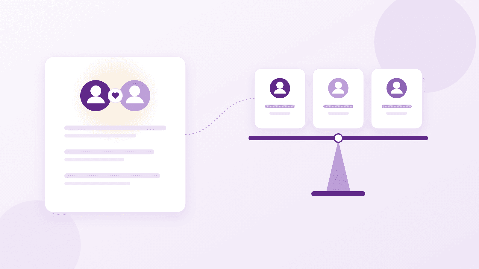Two linked profile icons representing a founder and a friend, connected to a balance scale holding three equal candidate cards, illustrating how to hire a friend as your first employee through a fair comparison