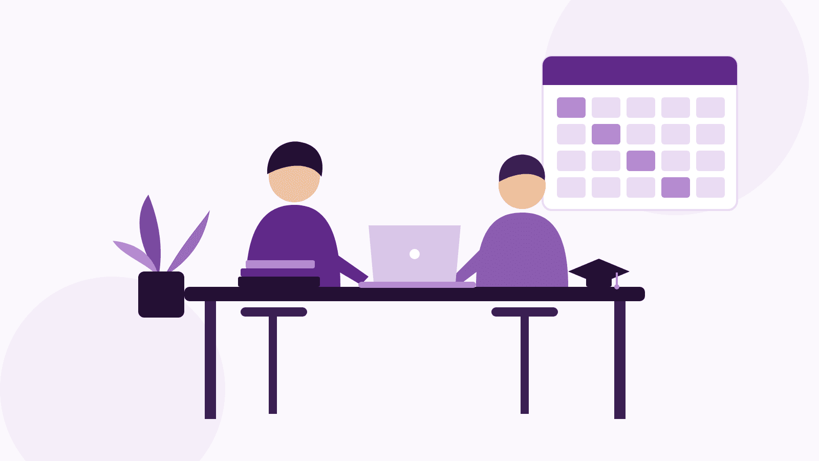 Illustration of a tutor and an apprentice sharing a desk with a laptop, books, a graduation cap and a calendar split between school weeks and work weeks, representing hiring an apprentice
