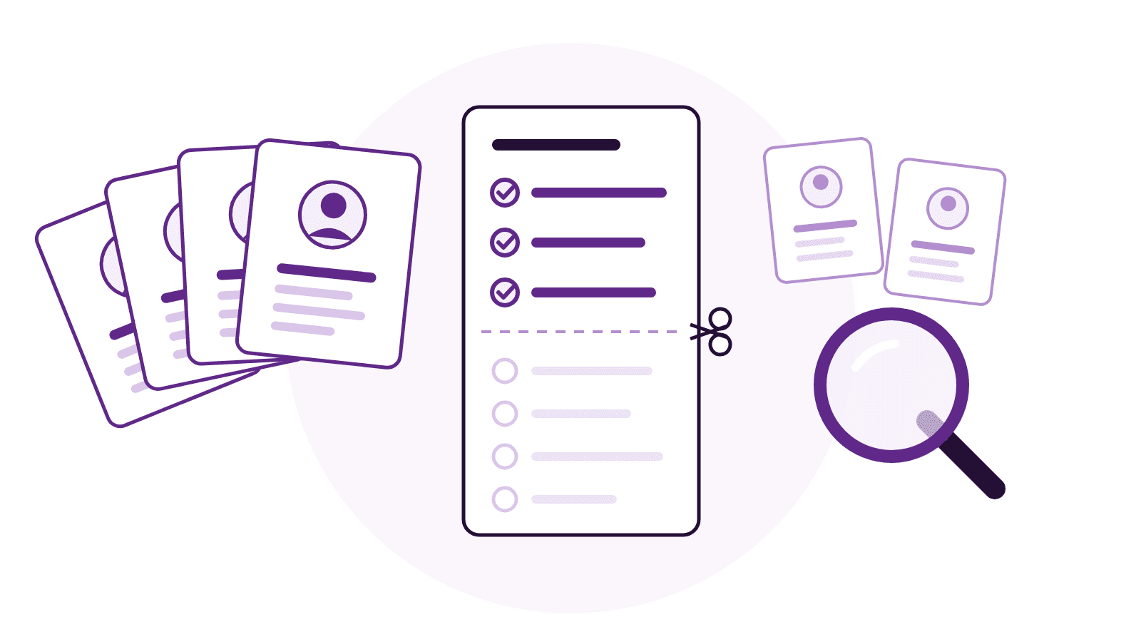 Illustration of candidate profile cards set aside next to a long requirements checklist being narrowed down, representing a hiring manager who rejects every candidate