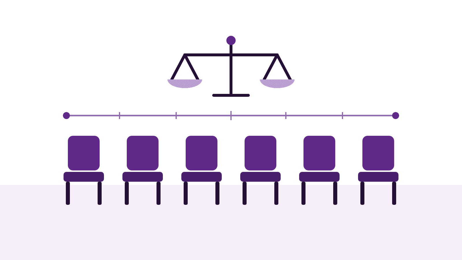 Illustration of six identical chairs lined up under a level line and a balance scale, representing hiring multiple people for the same role against one standard