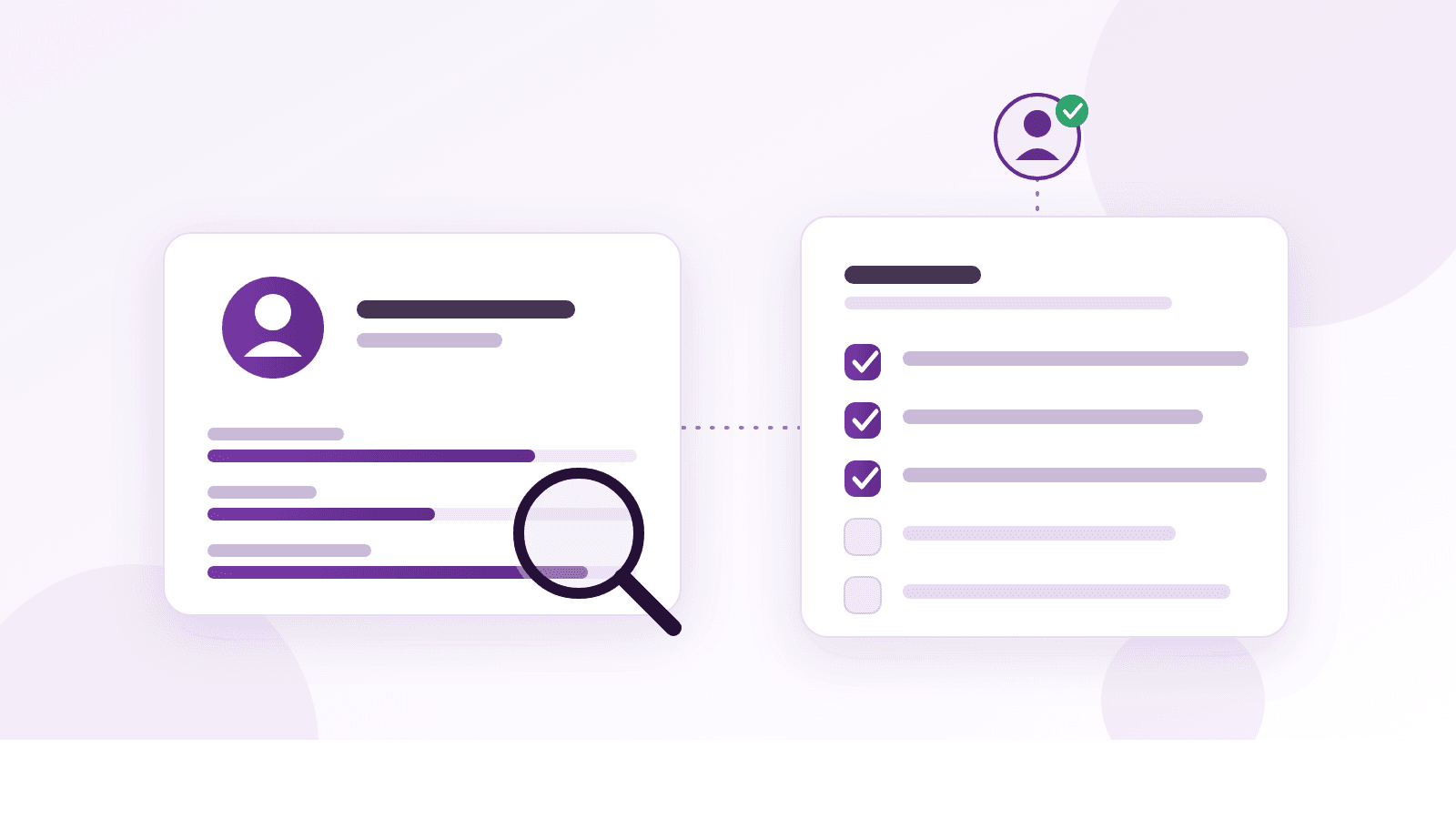 A candidate card being examined against a defined checklist of hiring criteria, with an advisor node validating them, illustrating how a founder evaluates a role outside their own expertise
