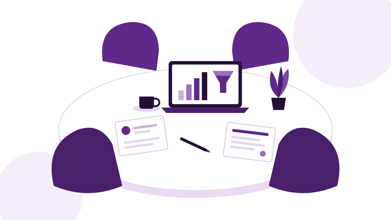 Illustration d’une table de réunion avec un ordinateur affichant un entonnoir de recrutement et un graphique, représentant un reporting recrutement à la direction