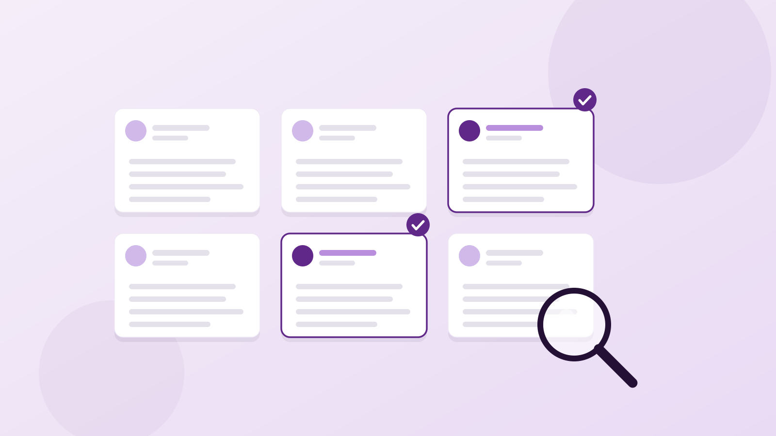 A grid of resume cards with two highlighted and a magnifying glass, illustrating the cost of screening CVs by hand on a small hiring team