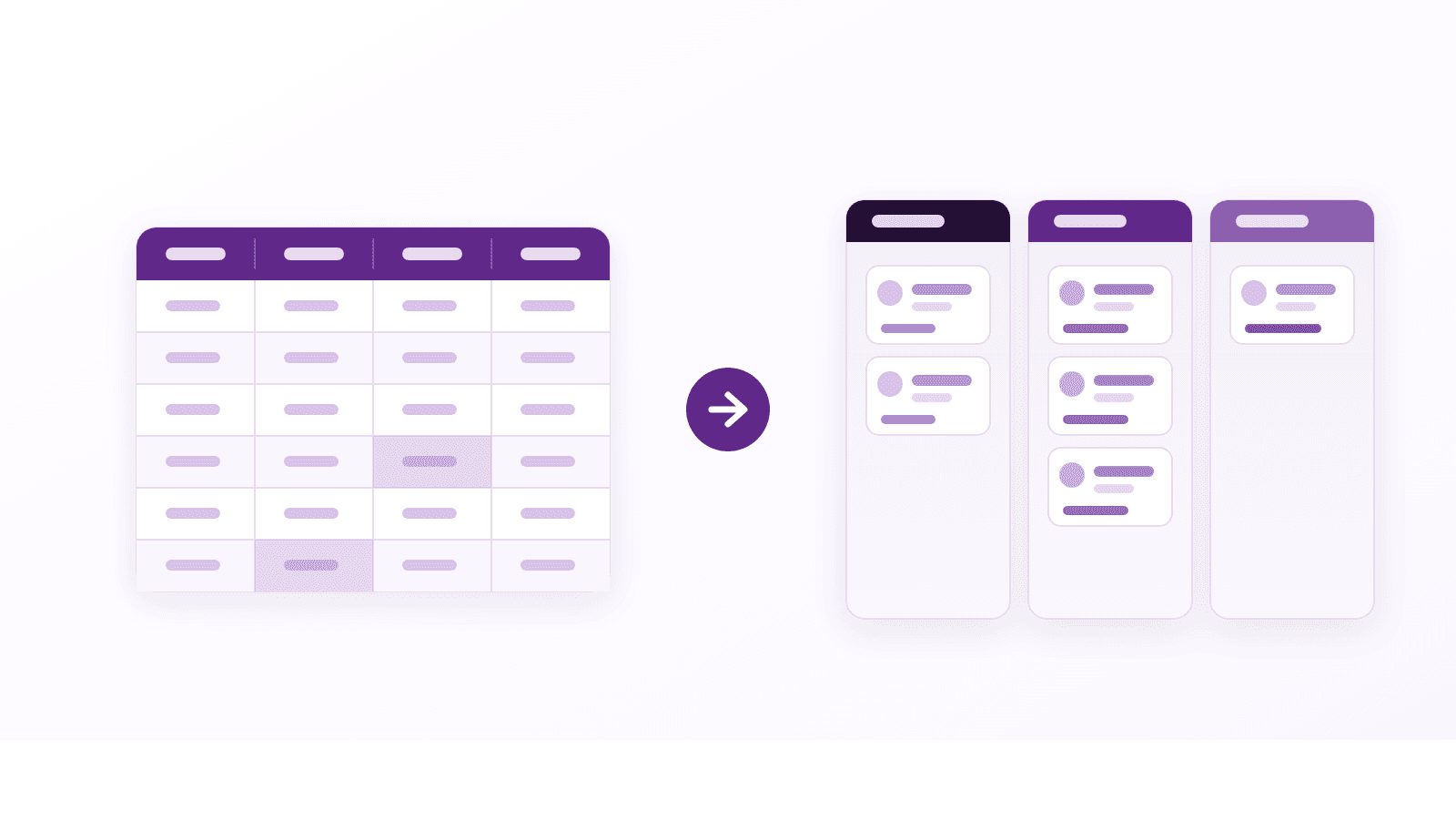Un tableur de recrutement fait de lignes de candidats et de colonnes de statut se transformant en un pipeline de recrutement structuré fait de colonnes et de fiches candidats, illustrant les limites du recrutement géré sur un tableur Excel