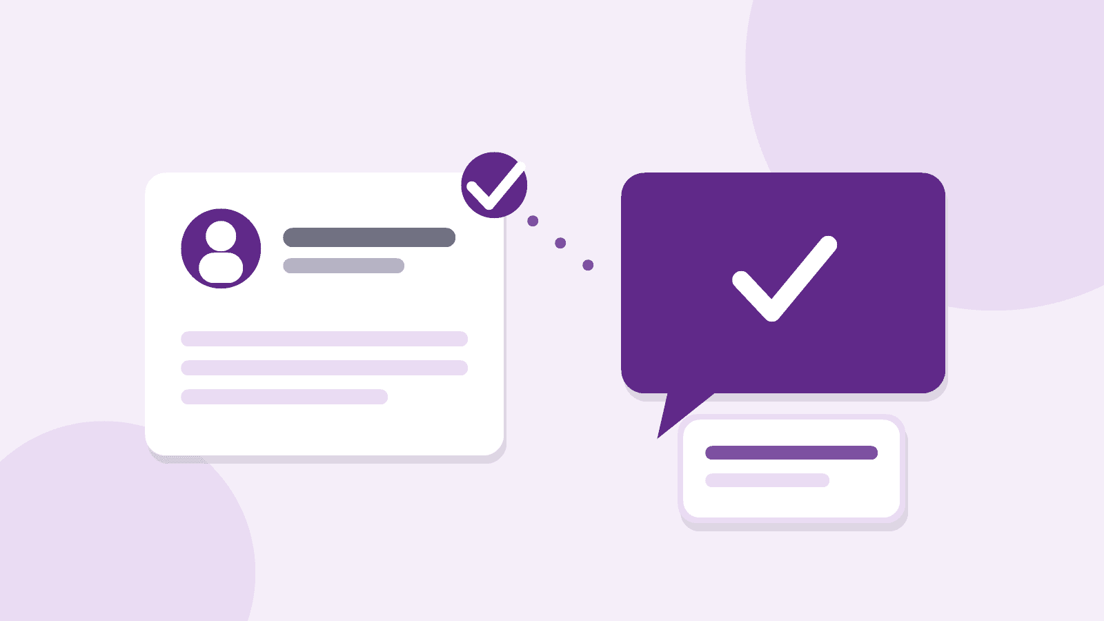 A candidate profile card linked to a reference call bubble confirming with a check mark, illustrating a reference check for a small hiring team