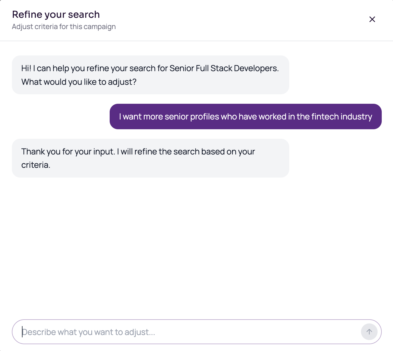 Interface de chat Kynto pour affiner la recherche