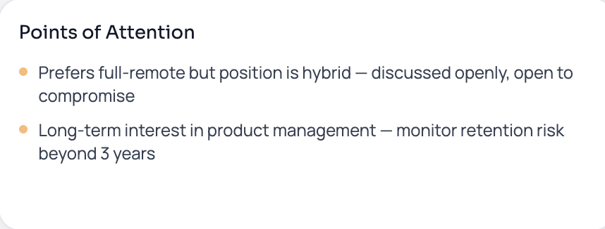 Points of Attention including remote work preference and long-term retention considerations