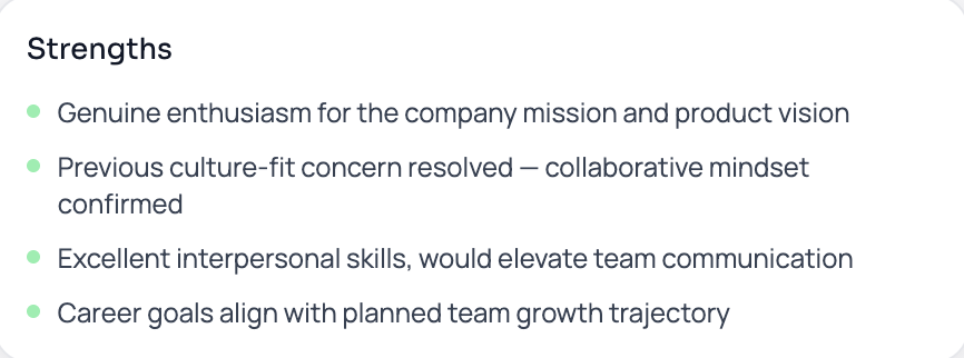 Strengths summary including enthusiasm, collaborative mindset, communication skills and career goals alignment