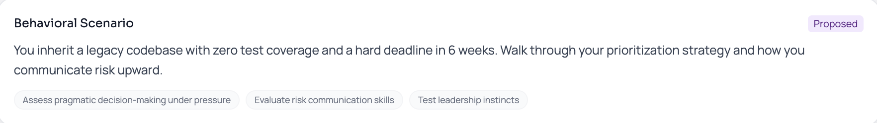 Behavioral scenario — legacy codebase with zero test coverage