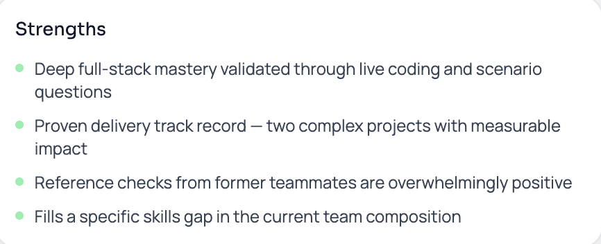 Candidate strengths — deep full-stack mastery, proven delivery track record